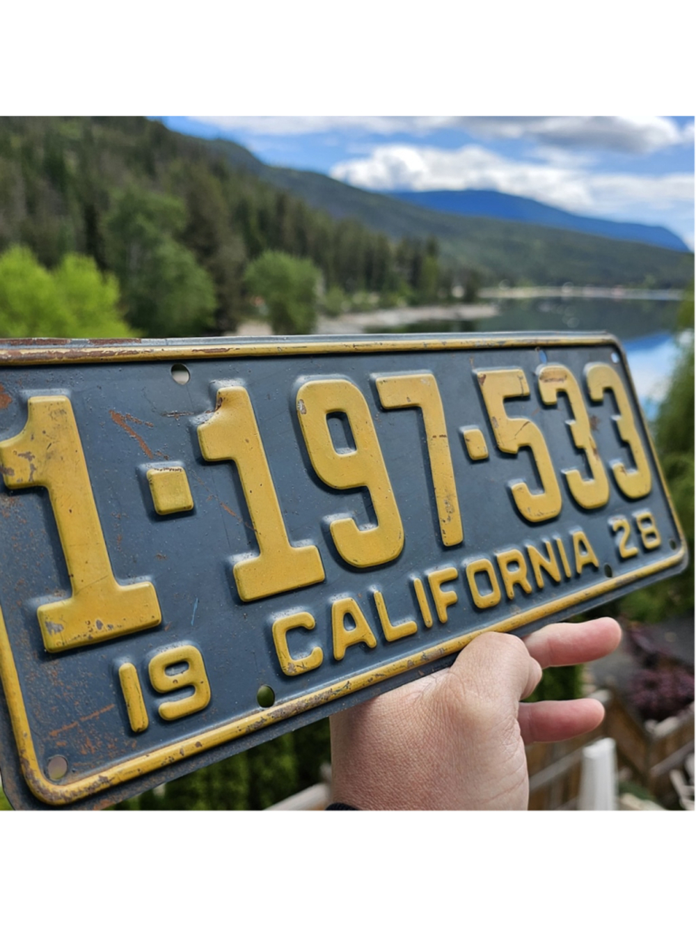Vintage 1928 California License Plate 1-197-533 Yellow on Black Embossed Metal